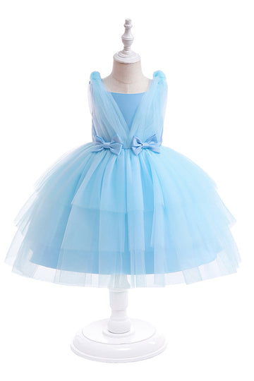Robe de soirée de fille en tulle bleu avec nœuds